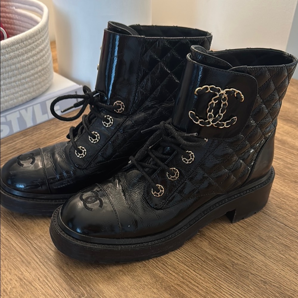 Chanel Lambskin Shiny Black Quilted Lace Up Boots